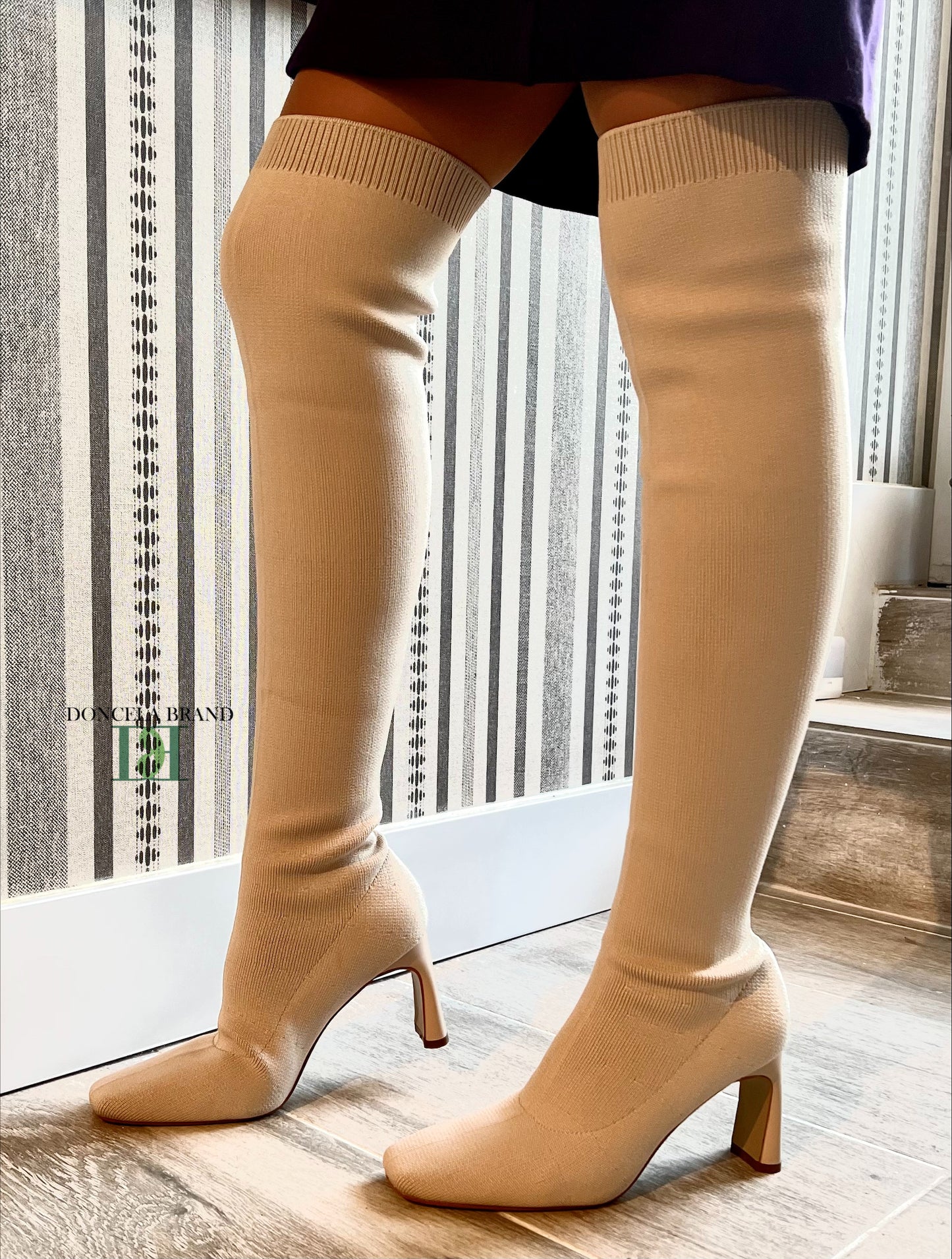 Bota tacón alto tejido elástico Beige